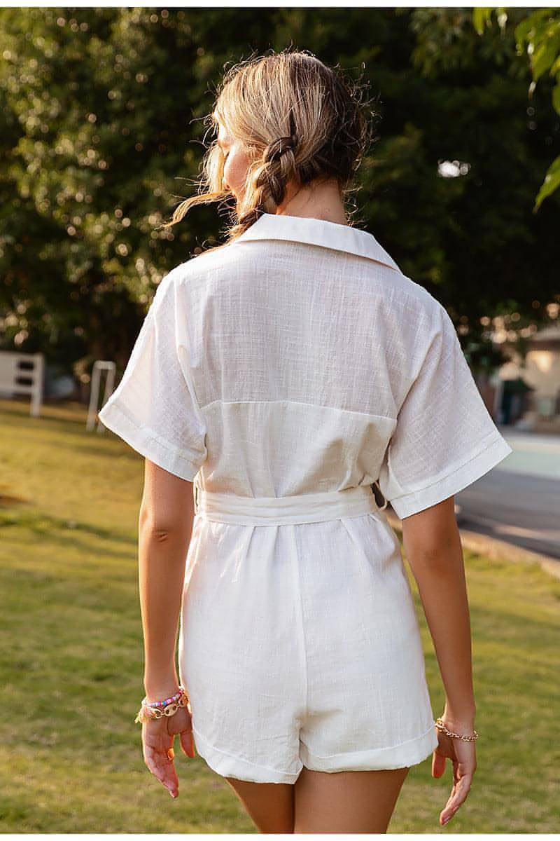 Short-sleeved Lapel Tie Jumpsuit