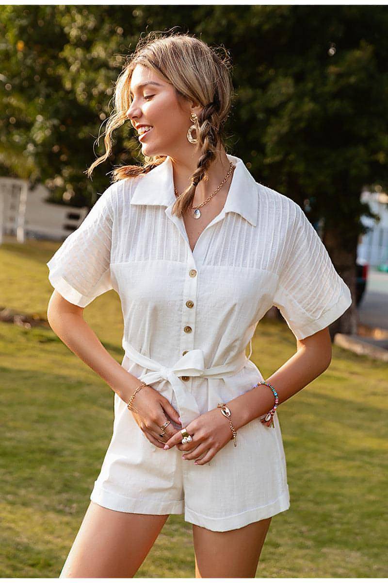 Short-sleeved Lapel Tie Jumpsuit