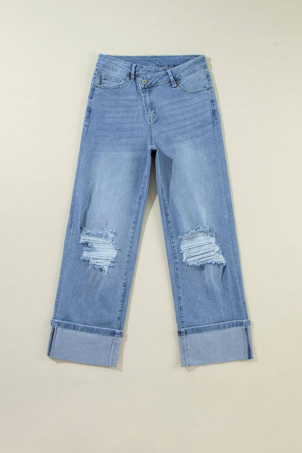 Asymmetric Button Zip Fly Ripped Jeans