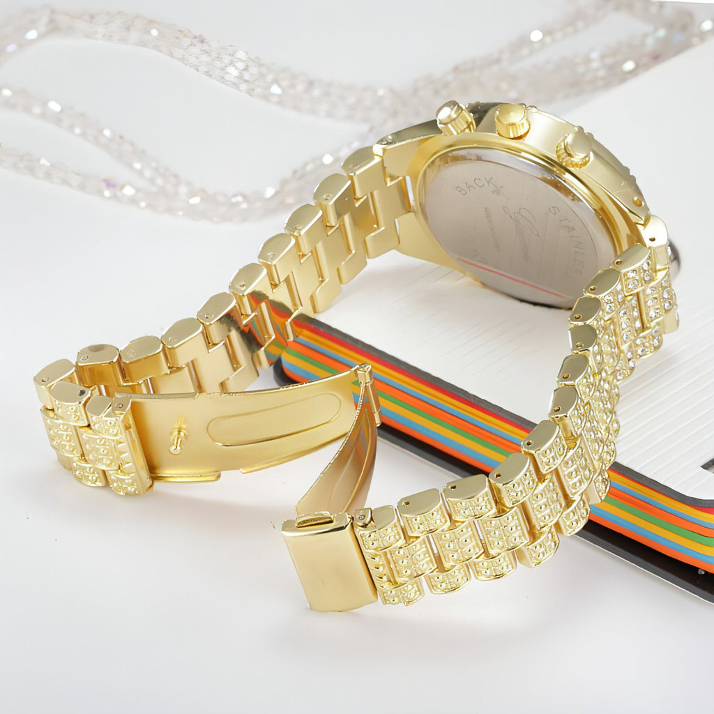 Rose Gold Crystal Iced-Out Quartz Watch