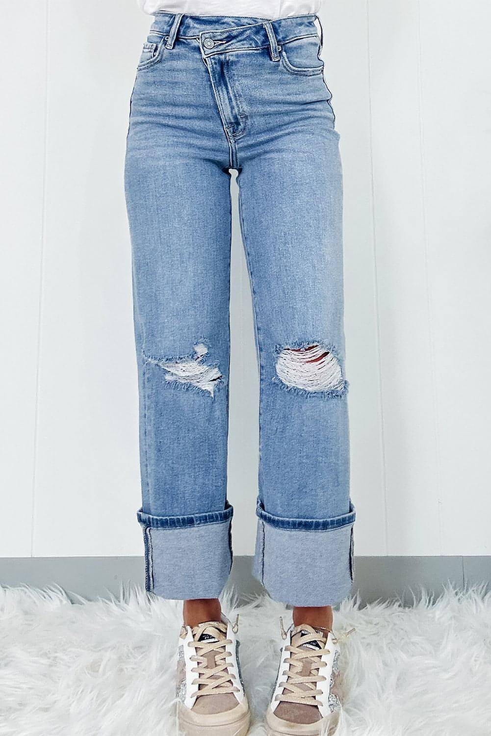 Asymmetric Button Zip Fly Ripped Jeans