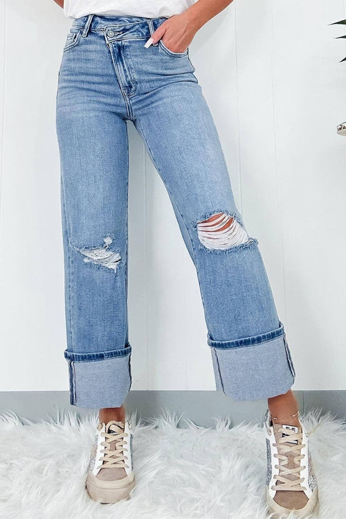 Asymmetric Button Zip Fly Ripped Jeans